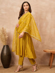 Mustard Silk Blend Solid A-Line Kurta Trouser with Dupatta