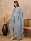 Grey Pure Cotton Floral & Geometric Embroidered A-Line Kurta Trouser With Dupatta