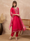 Rose Pure Cotton Beads & Stone Embroidered With Buttons A-Line Kurta Trouser With Printed Dupatta