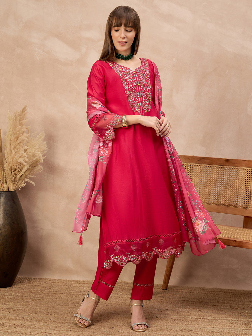 Rose Pure Cotton Beads & Stone Embroidered With Buttons A-Line Kurta Trouser With Printed Dupatta