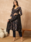 Black Cotton Blend Printed Anarkali Kurta Trouser With Dupatta