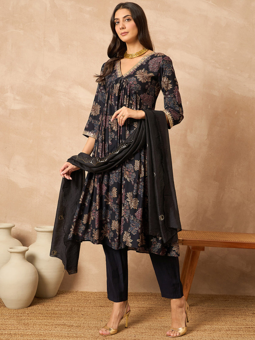 Black Cotton Blend Printed Anarkali Kurta Trouser With Dupatta