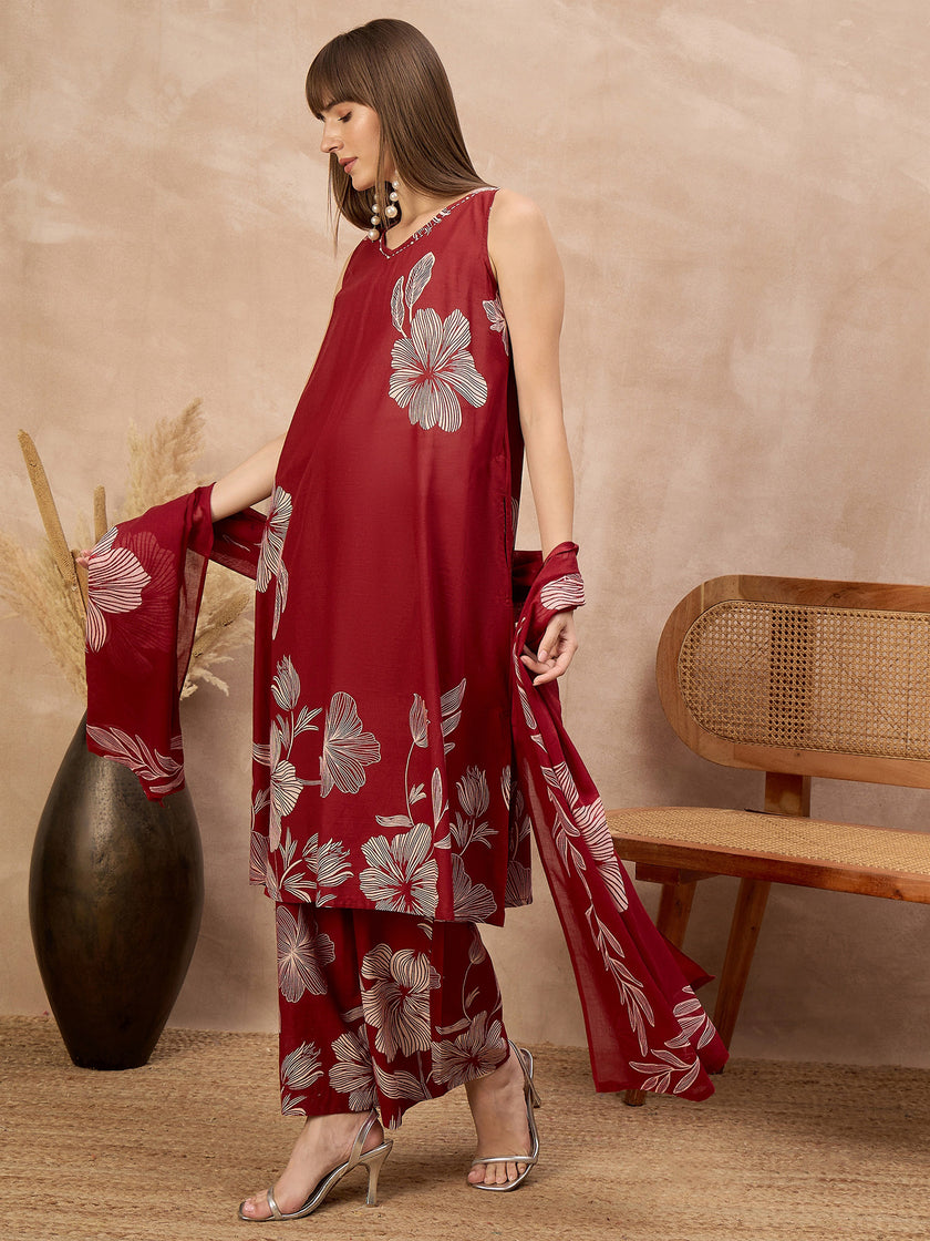 Maroon Pure Cotton Floral Printed A-Line Sleeveless Kurta Trouser With Printed Dupatta