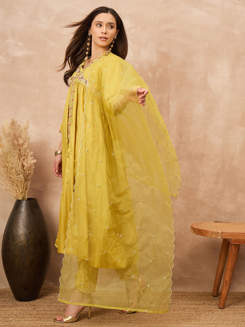Yellow Silk Blend Solid A-Line Kurta Trouser with Dupatta