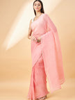 Baby Pink Pure Chiffon Zigzag Pleated Crush Print With Embellished Lace Saree with Unstitched Fancy Blouse