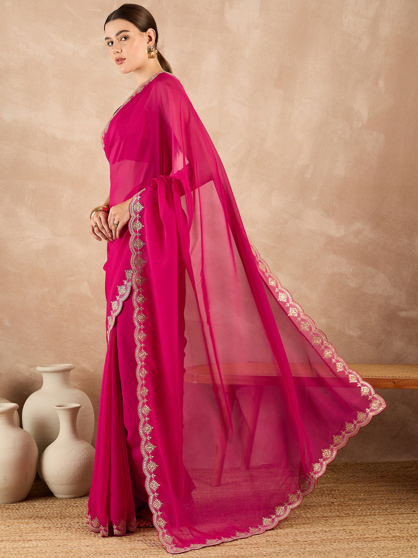 Rose Organza Solid With Embroidered Border Saree with Unstitched Fancy Blouse