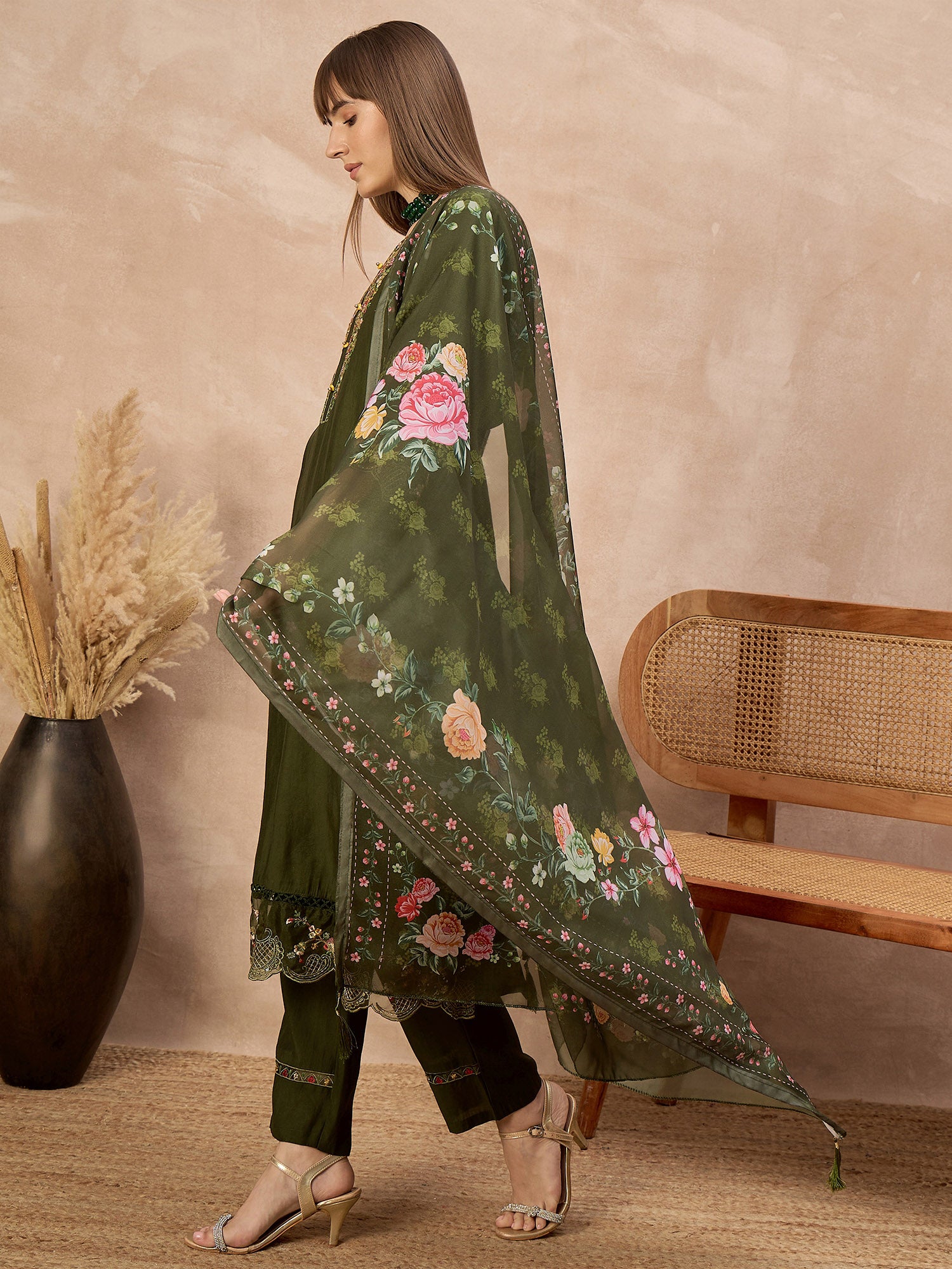 Green Pure Cotton Beads & Stone Embroidered With Buttons A-Line Kurta Trouser With Printed Dupatta