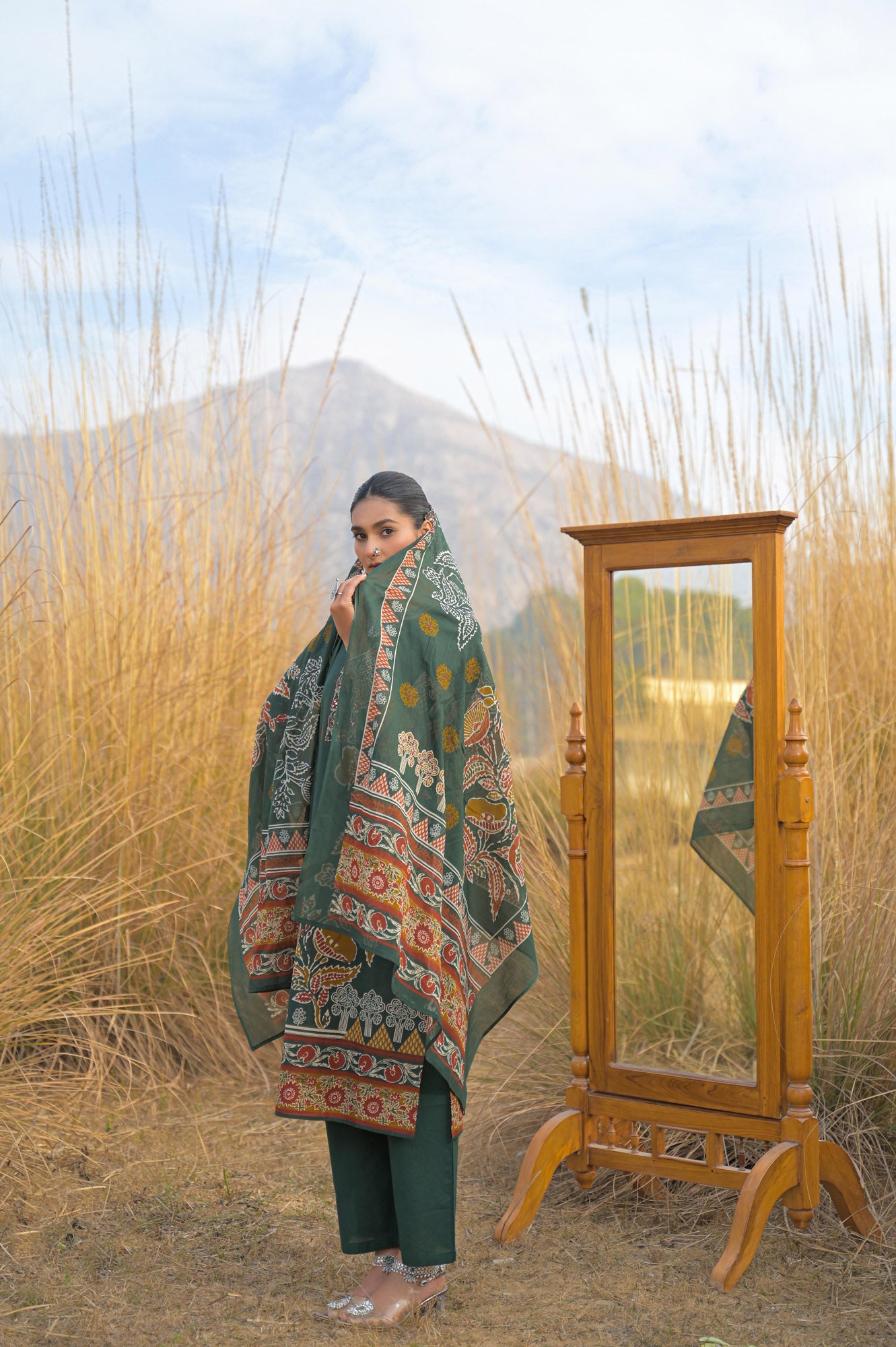 Green Pure Cotton Ajrakh Printed A-Line Kurta Trouser With Dupatta