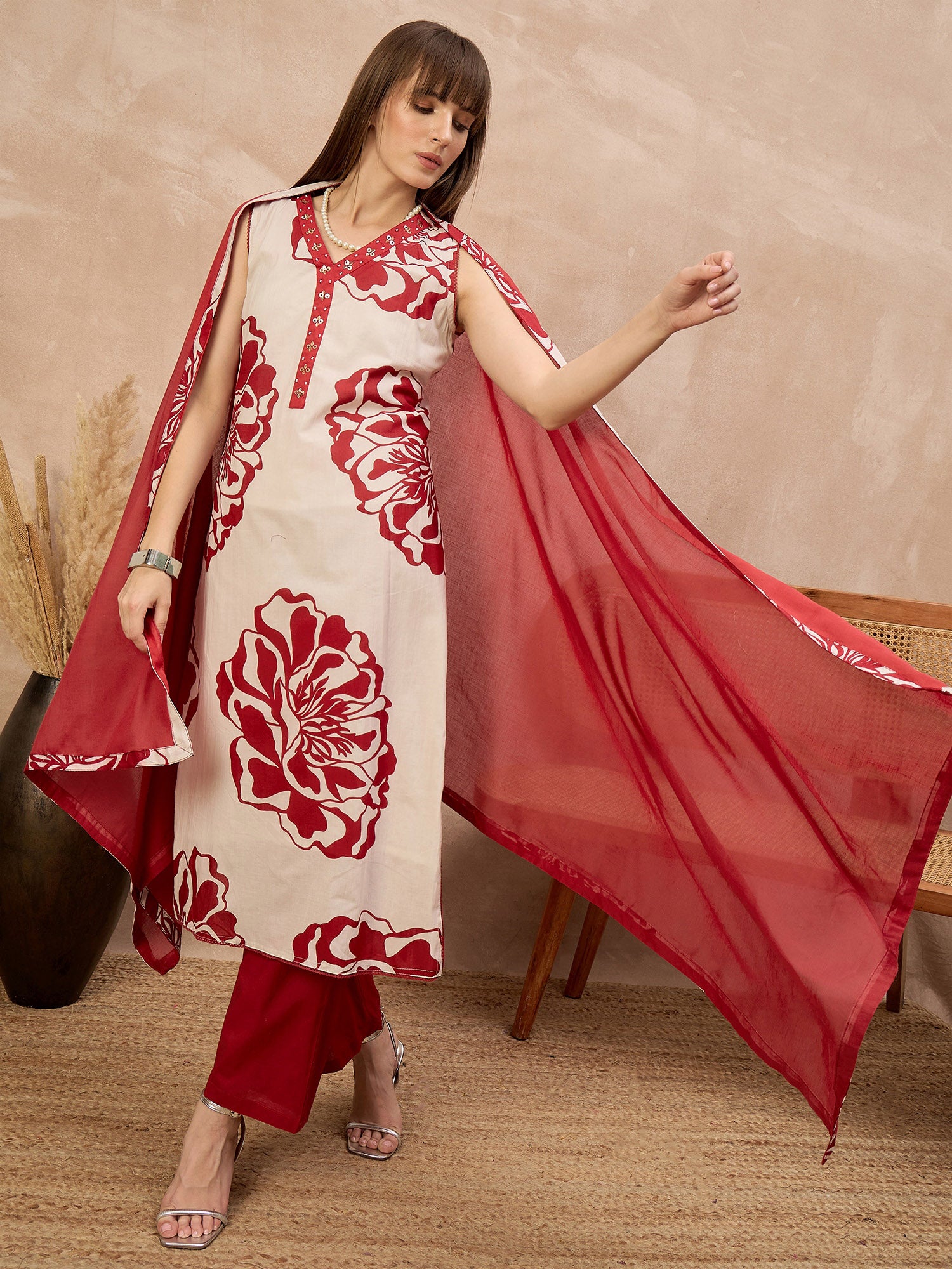 Red Pure Cotton Floral Printed A-Line Sleeveless Kurta Trouser With Dupatta