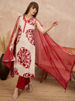 Red Pure Cotton Floral Printed A-Line Sleeveless Kurta Trouser With Dupatta