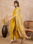 Gold Pure Cotton Beads & Stone Embroidered A-Line Kurta Trouser With Printed Dupatta