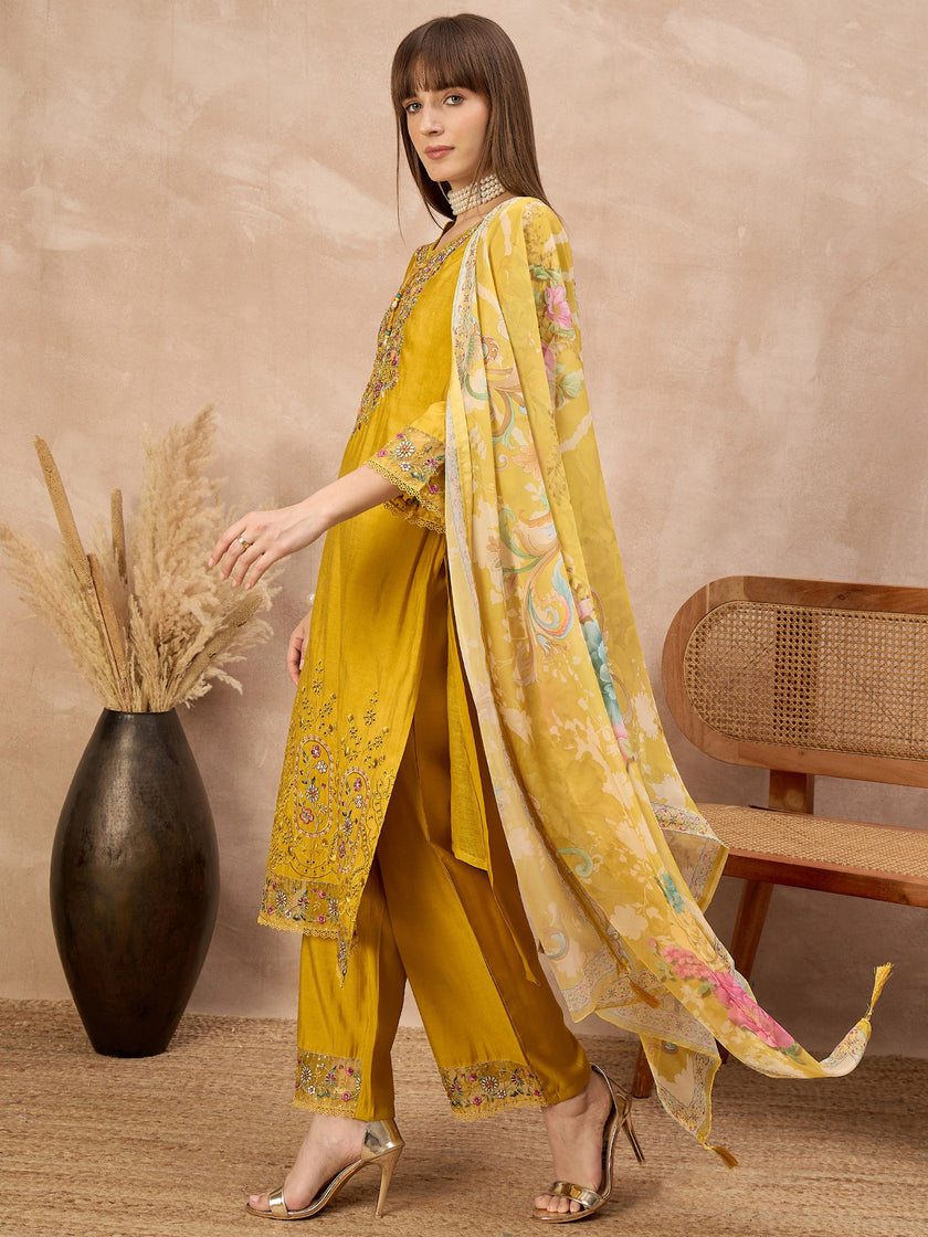 Gold Pure Cotton Beads & Stone Embroidered A-Line Kurta Trouser With Printed Dupatta