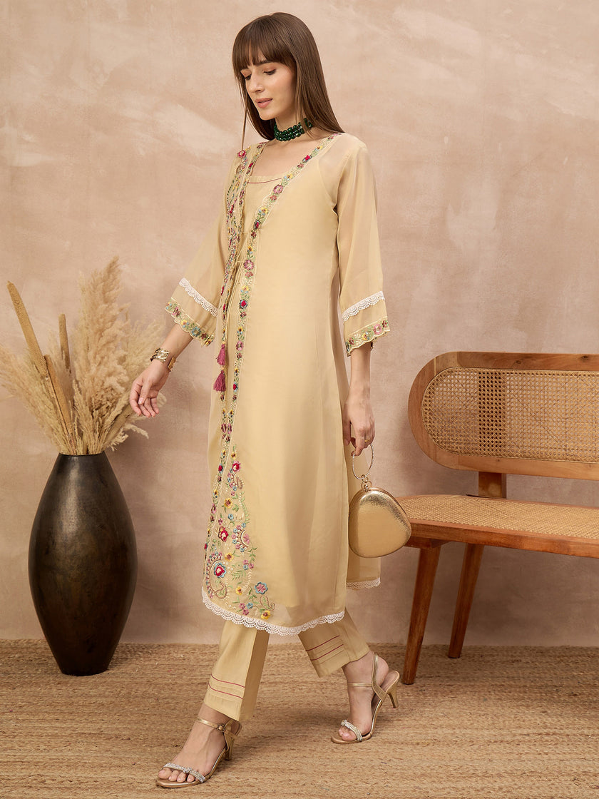 Beige Pure Cotton Solid A-Line Kurta Trouser With Floral & Mirror Embroidered Shrug