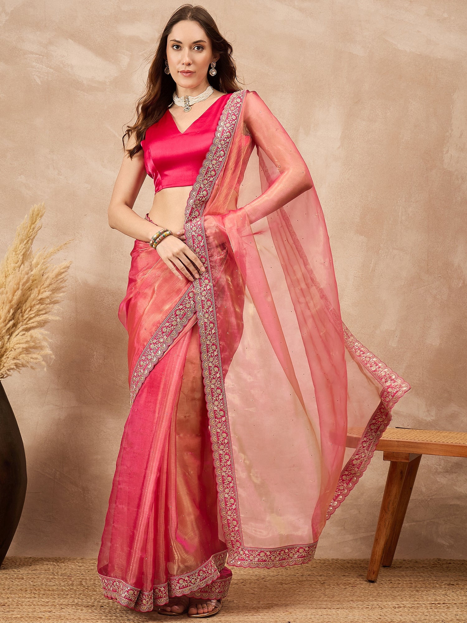 Pink  Organza Solid with Coding Border Saree with Unstitched Blouse