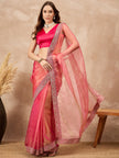 Pink  Organza Solid with Coding Border Saree with Unstitched Blouse