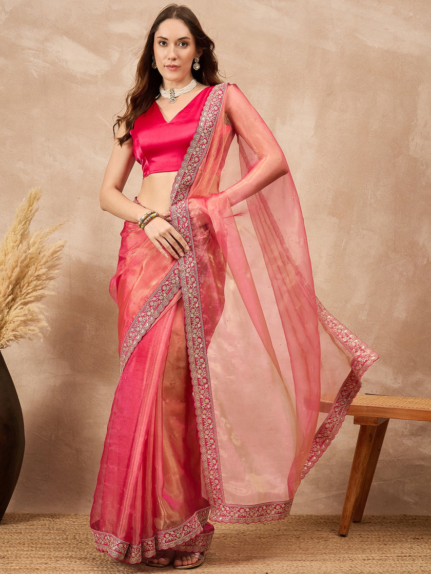 Pink  Organza Solid with Coding Border Saree with Unstitched Blouse