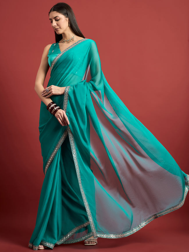 Turquoise Blue Pure Chiffon Solid With Embroidered Lace Saree with Unstitched Fancy Blouse
