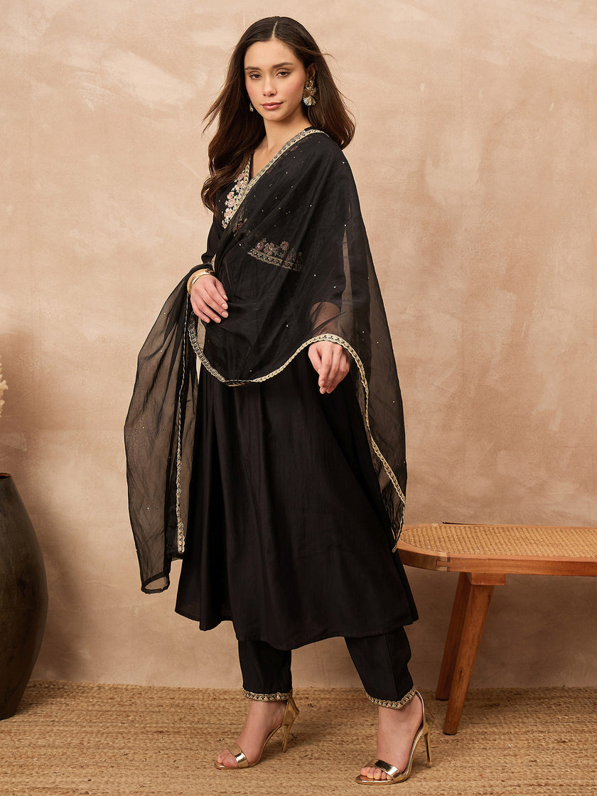 Black Silk Blend Solid A-Line Kurta Trouser with Dupatta