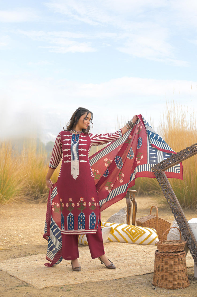 Red Pure Cotton Ajrakh Printed A-Line Kurta Trouser With Dupatta