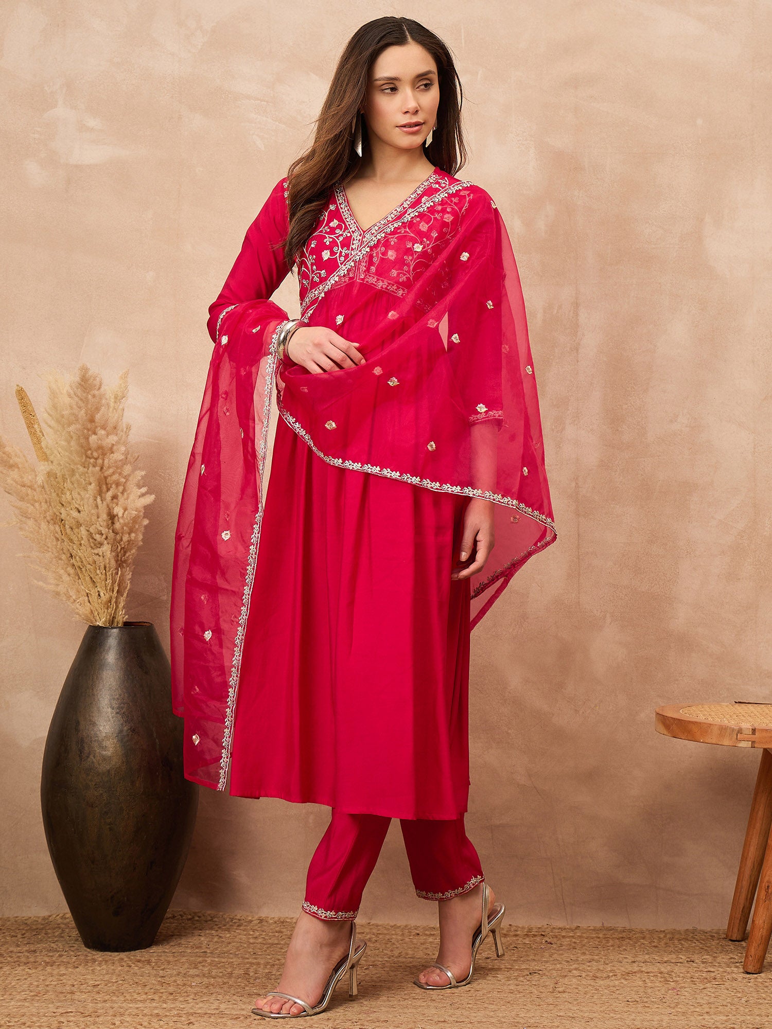 Pink Silk Blend Solid A-Line Kurta Trouser with Dupatta