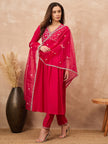 Pink Silk Blend Solid A-Line Kurta Trouser with Dupatta