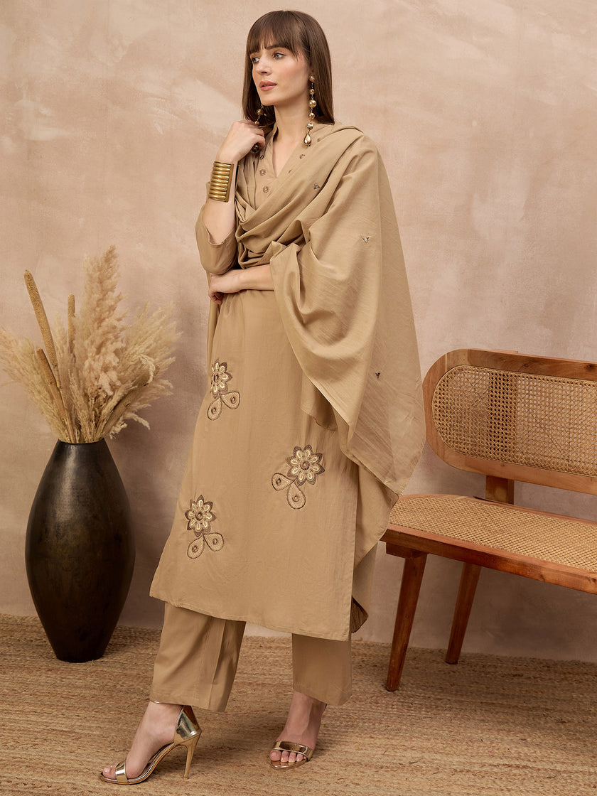 Beige Pure Cotton Floral Embroidered A-Line Kurta Trouser With Dupatta