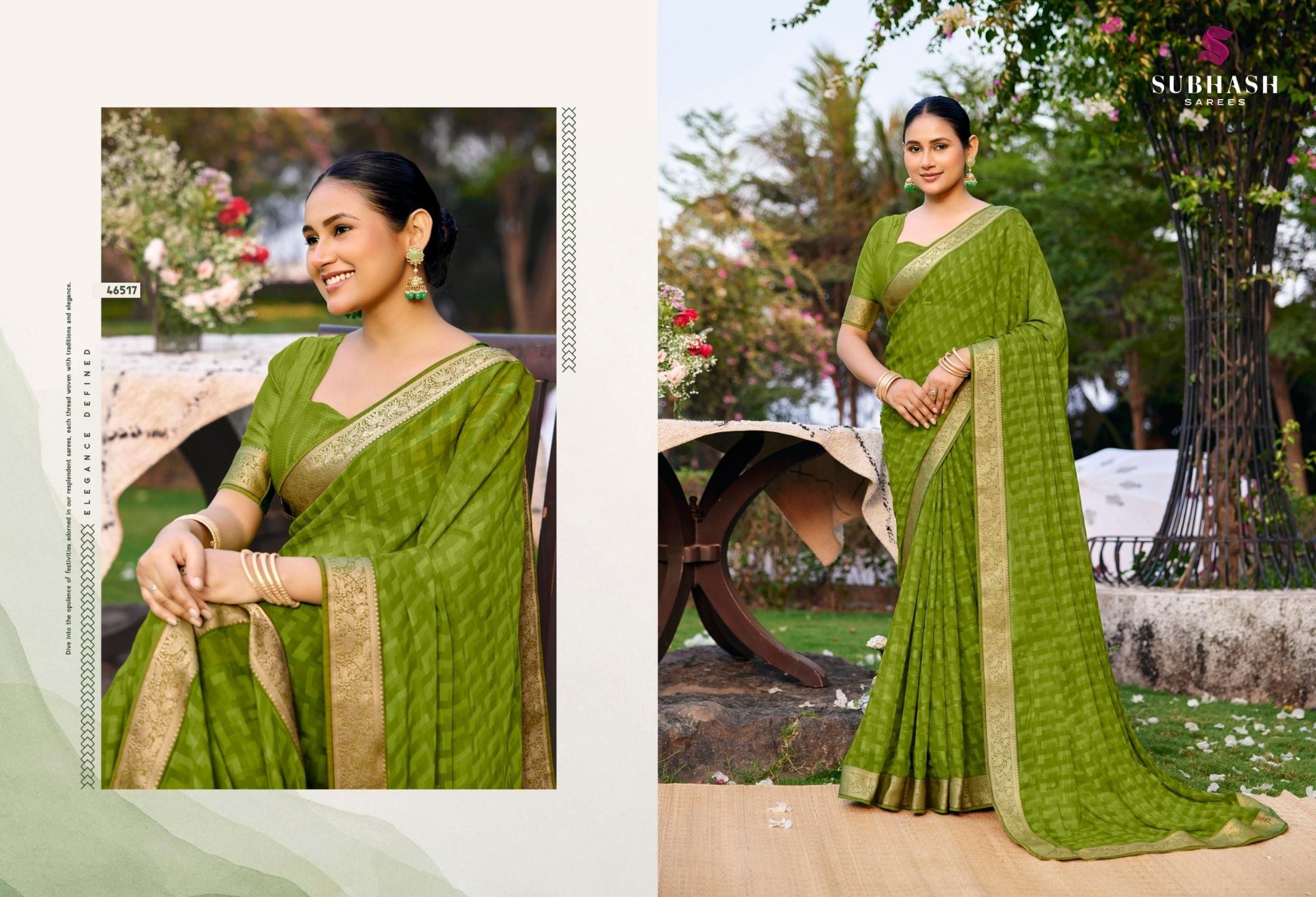 Riviera-28 : Soild Moss Chiffon Geo.Printed Saree with Chiffon Blouse