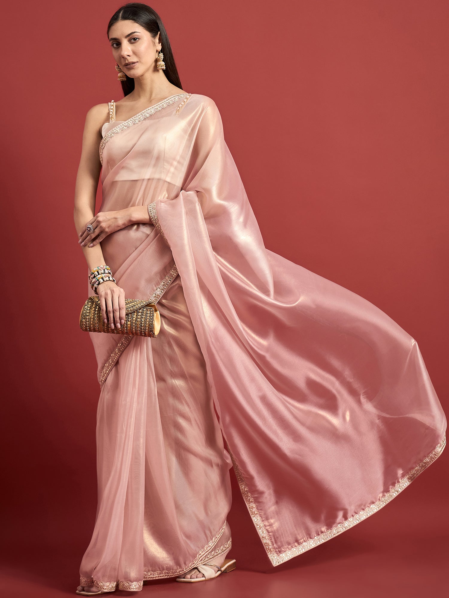 Pink  Organza Solid With Pure Gotta Embroidered Border Saree with Unstitched Fancy Blouse