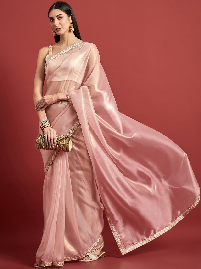 Pink  Organza Solid With Pure Gotta Embroidered Border Saree with Unstitched Fancy Blouse