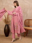 Peach Pure Cotton Floral & Geometric Embroidered A-Line Kurta Trouser With Dupatta