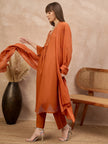 Rust Pure Cotton Geometric Embroidered A-Line Kurta Trouser With Dupatta