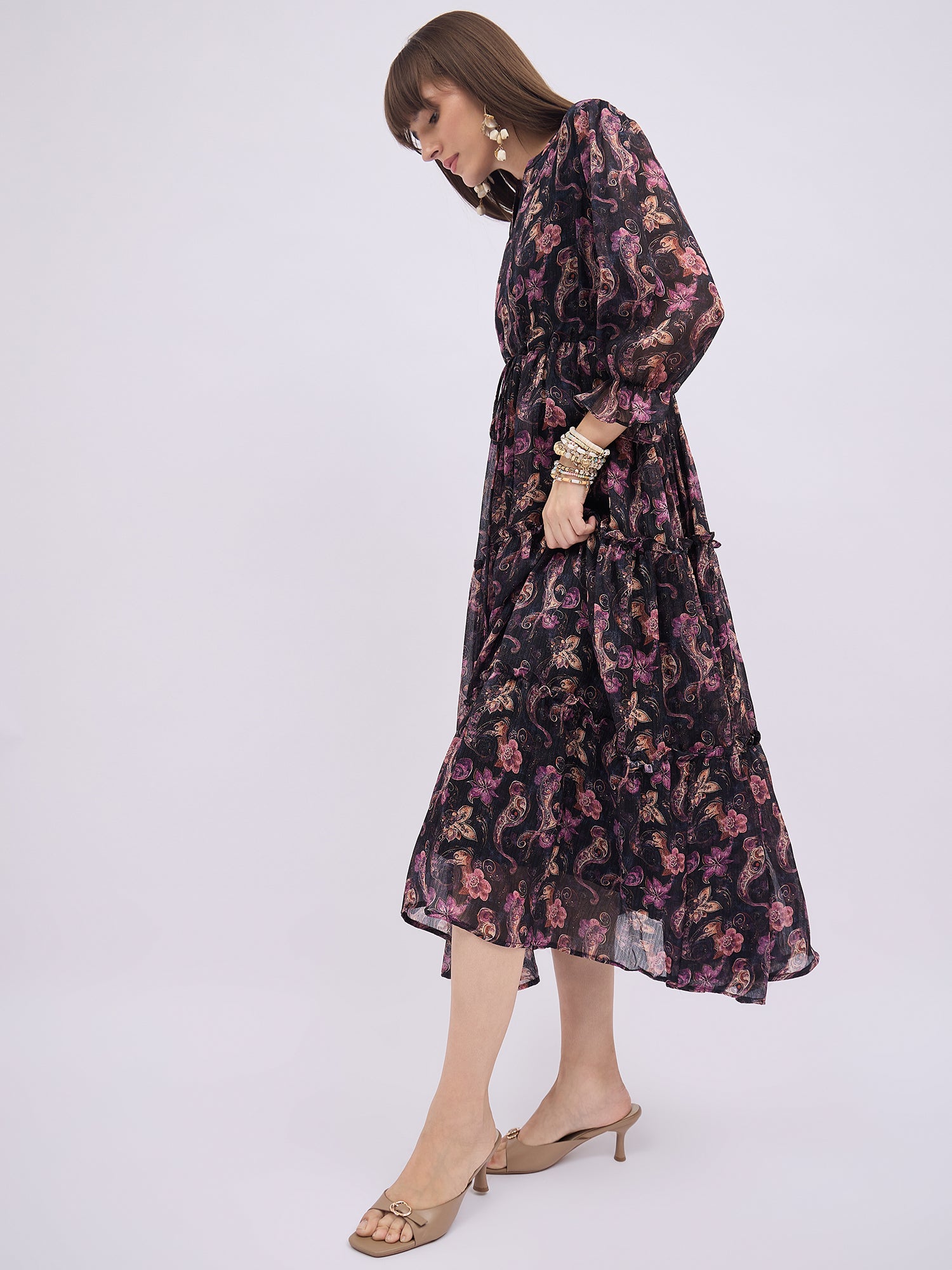 Multi Polyester Printed Fit and Flare Dress