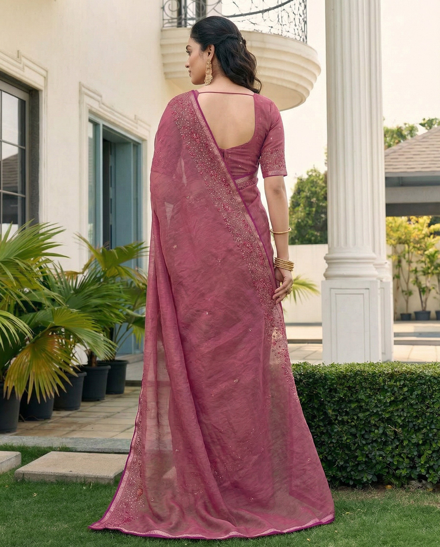 Fuchia Pink Fandy Satin Border Floral Embroidered Work  Saree with Unstitched Blouse