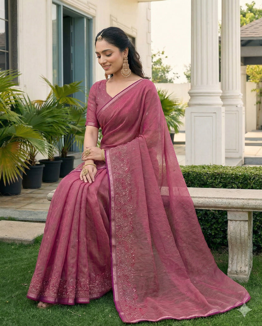Fuchia Pink Fandy Satin Border Floral Embroidered Work  Saree with Unstitched Blouse