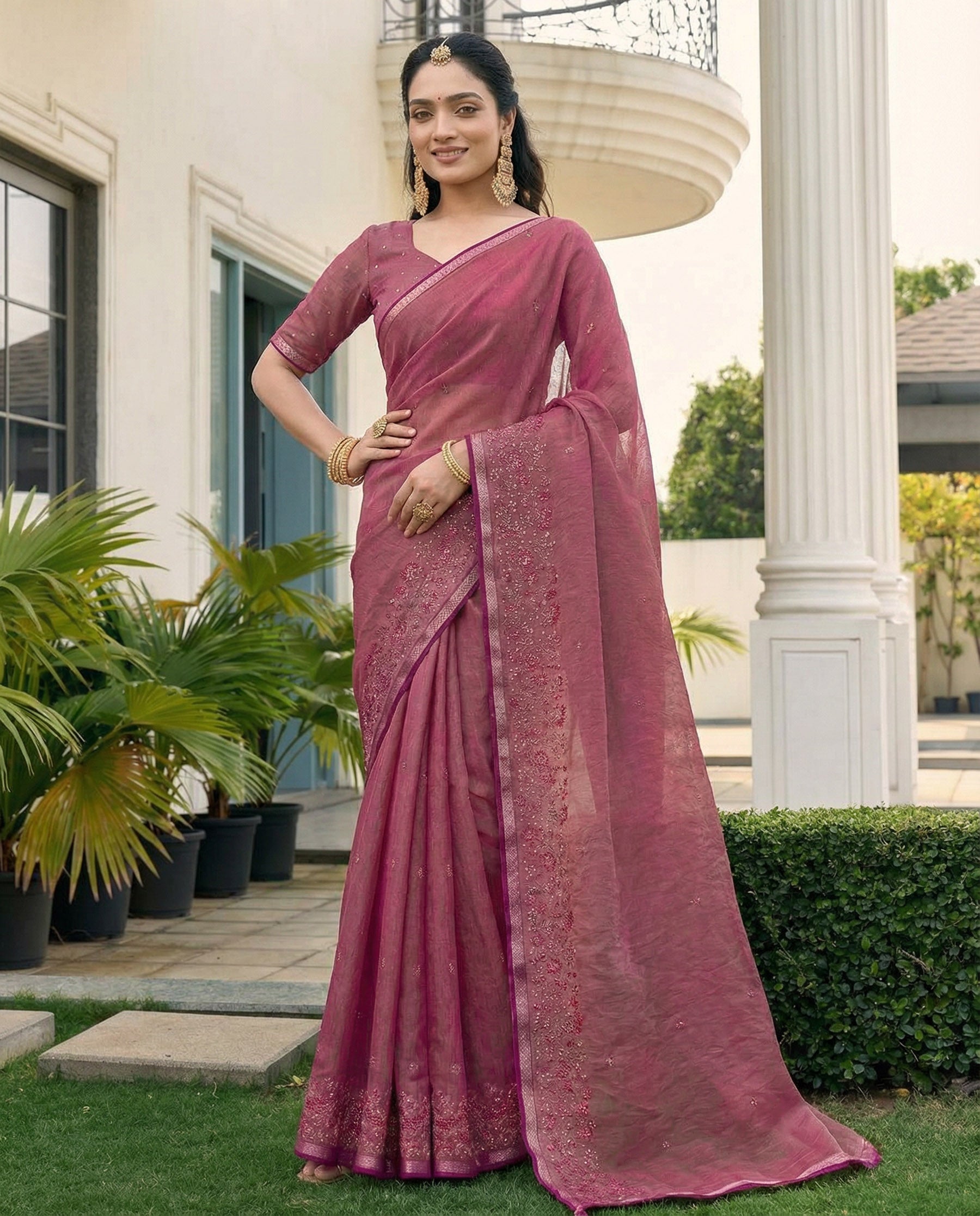 Fuchia Pink Fandy Satin Border Floral Embroidered Work  Saree with Unstitched Blouse