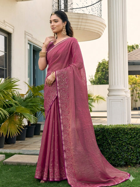 Fuchia Pink Fandy Satin Border Floral Embroidered Work  Saree with Unstitched Blouse