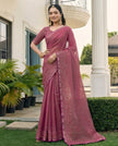 Fuchia Pink Fandy Satin Border Floral Embroidered Work  Saree with Unstitched Blouse