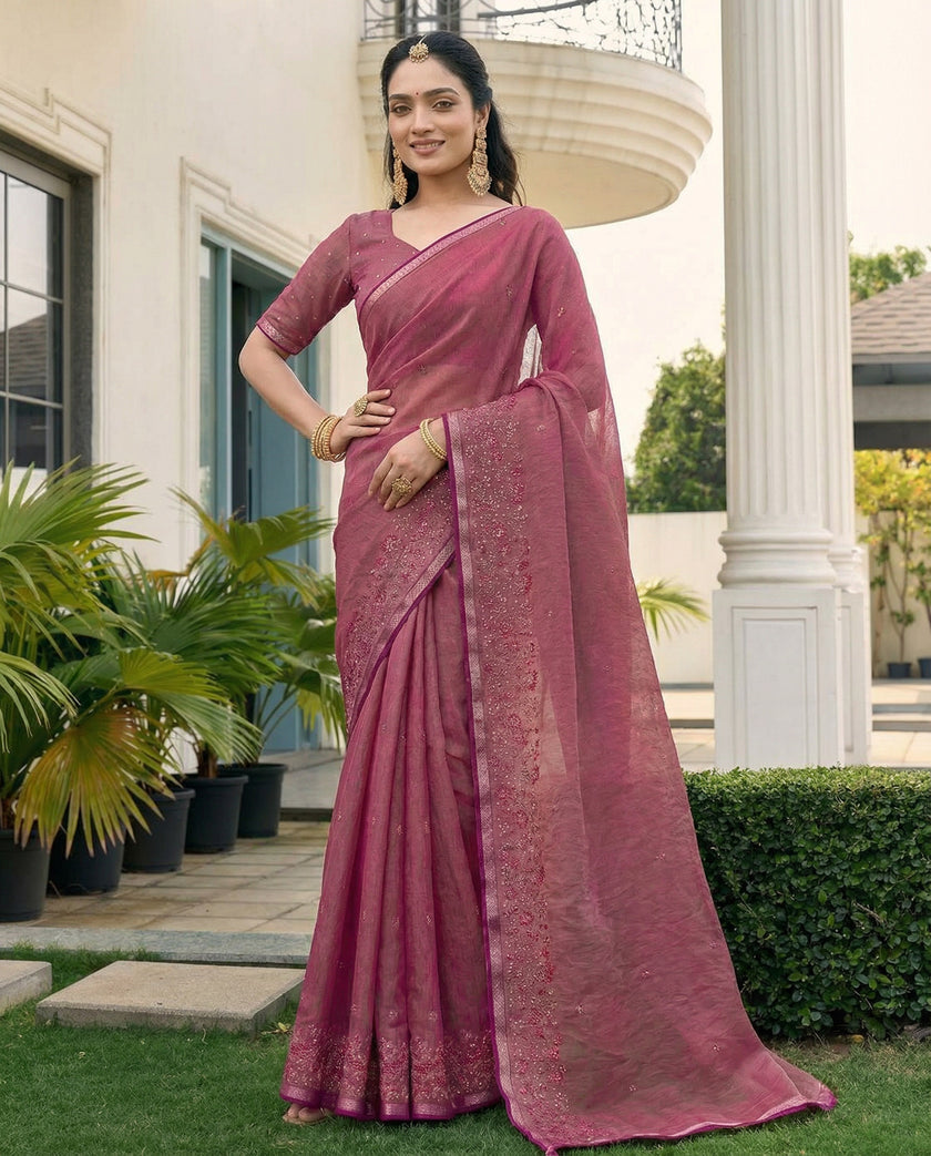 Fuchia Pink Fandy Satin Border Floral Embroidered Work  Saree with Unstitched Blouse