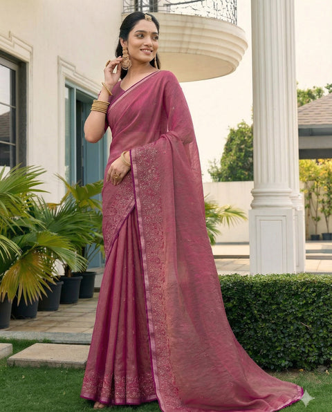 Fuchia Pink Fandy Satin Border Floral Embroidered Work  Saree with Unstitched Blouse