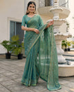 Green Fandy Satin Border Floral Embroidered Work  Saree with Unstitched Blouse