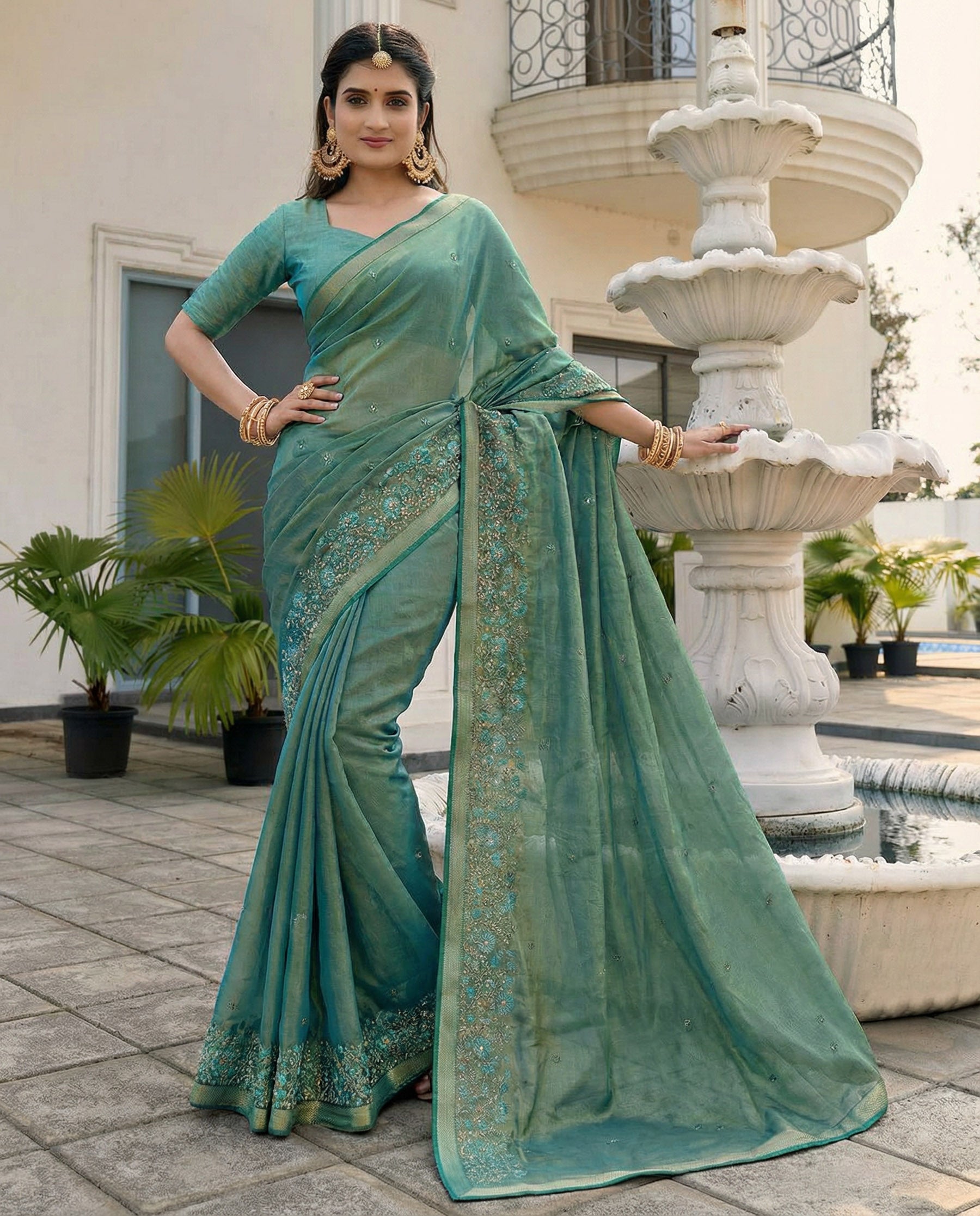 Green Fandy Satin Border Floral Embroidered Work  Saree with Unstitched Blouse