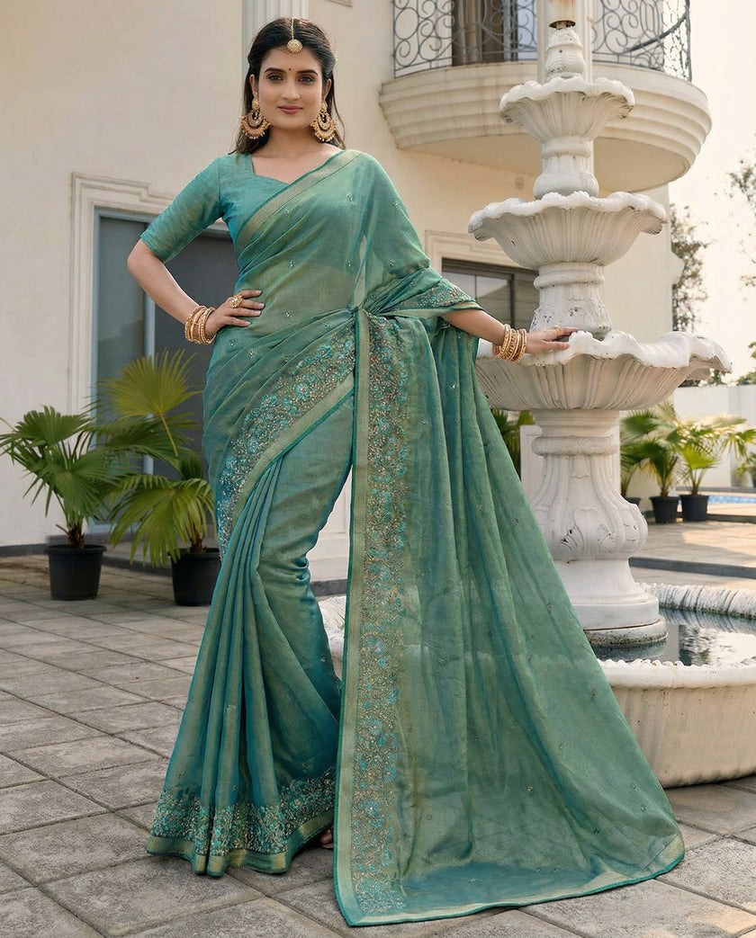 Green Fandy Satin Border Floral Embroidered Work  Saree with Unstitched Blouse