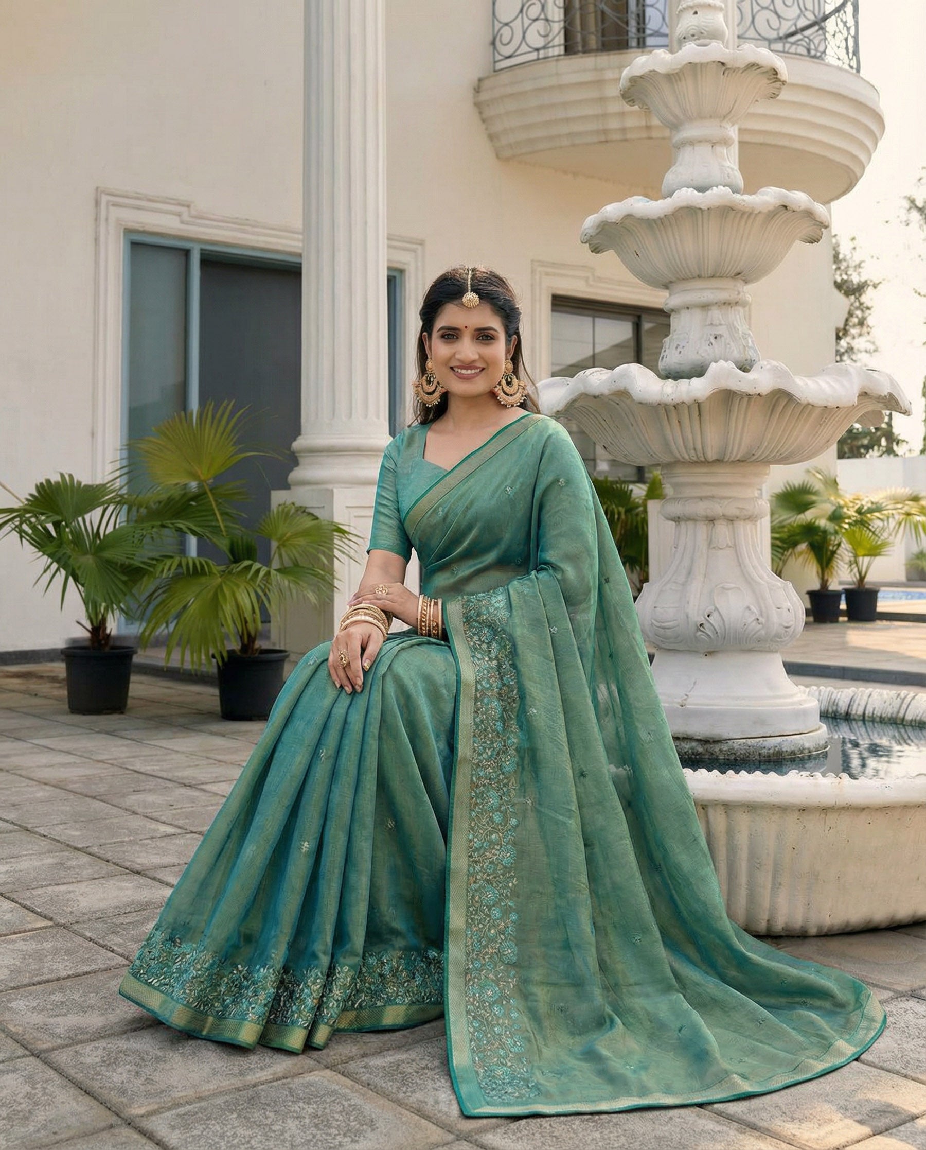 Green Fandy Satin Border Floral Embroidered Work  Saree with Unstitched Blouse