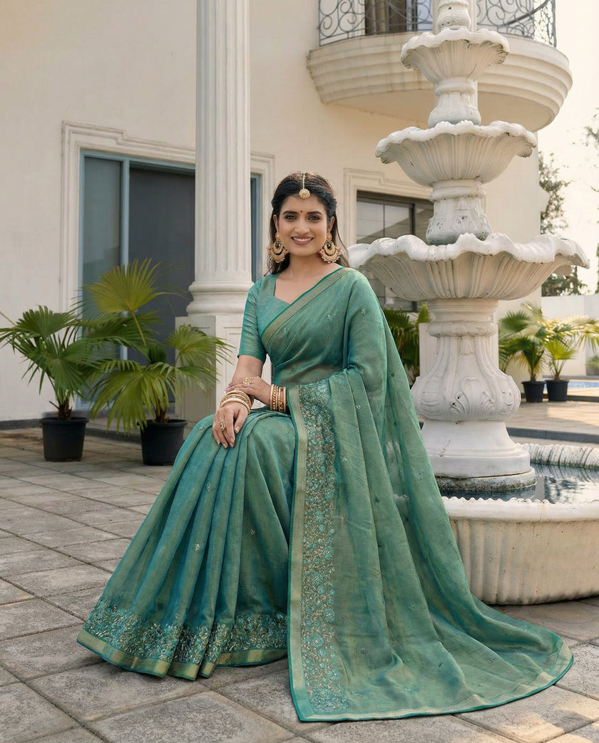 Green Fandy Satin Border Floral Embroidered Work  Saree with Unstitched Blouse