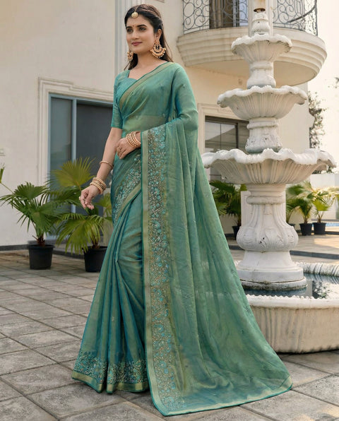 Green Fandy Satin Border Floral Embroidered Work  Saree with Unstitched Blouse