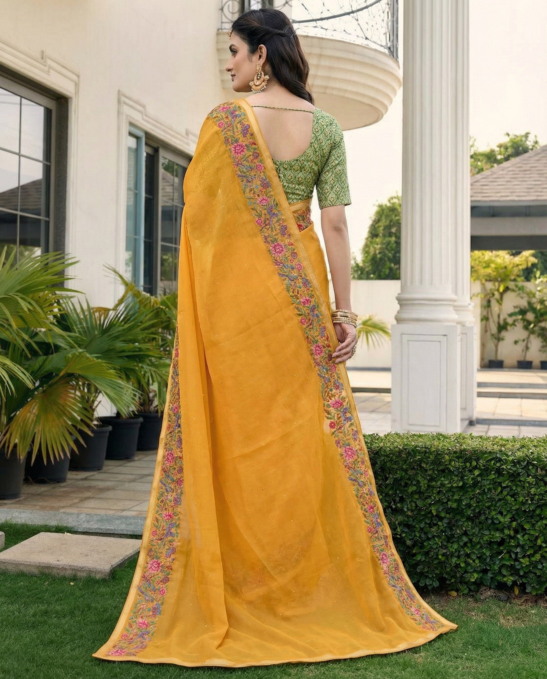 Mustard Chiffon Border Floral Embroidered Work  Saree with Unstitched Blouse