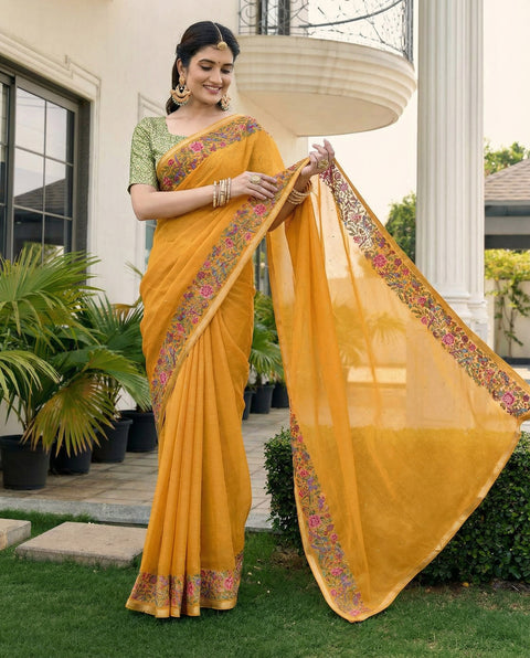 Mustard Chiffon Border Floral Embroidered Work  Saree with Unstitched Blouse