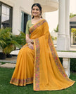 Mustard Chiffon Border Floral Embroidered Work  Saree with Unstitched Blouse