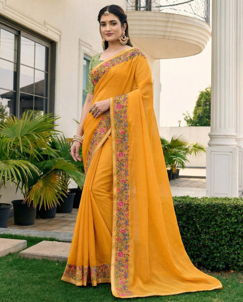 Mustard Chiffon Border Floral Embroidered Work  Saree with Unstitched Blouse
