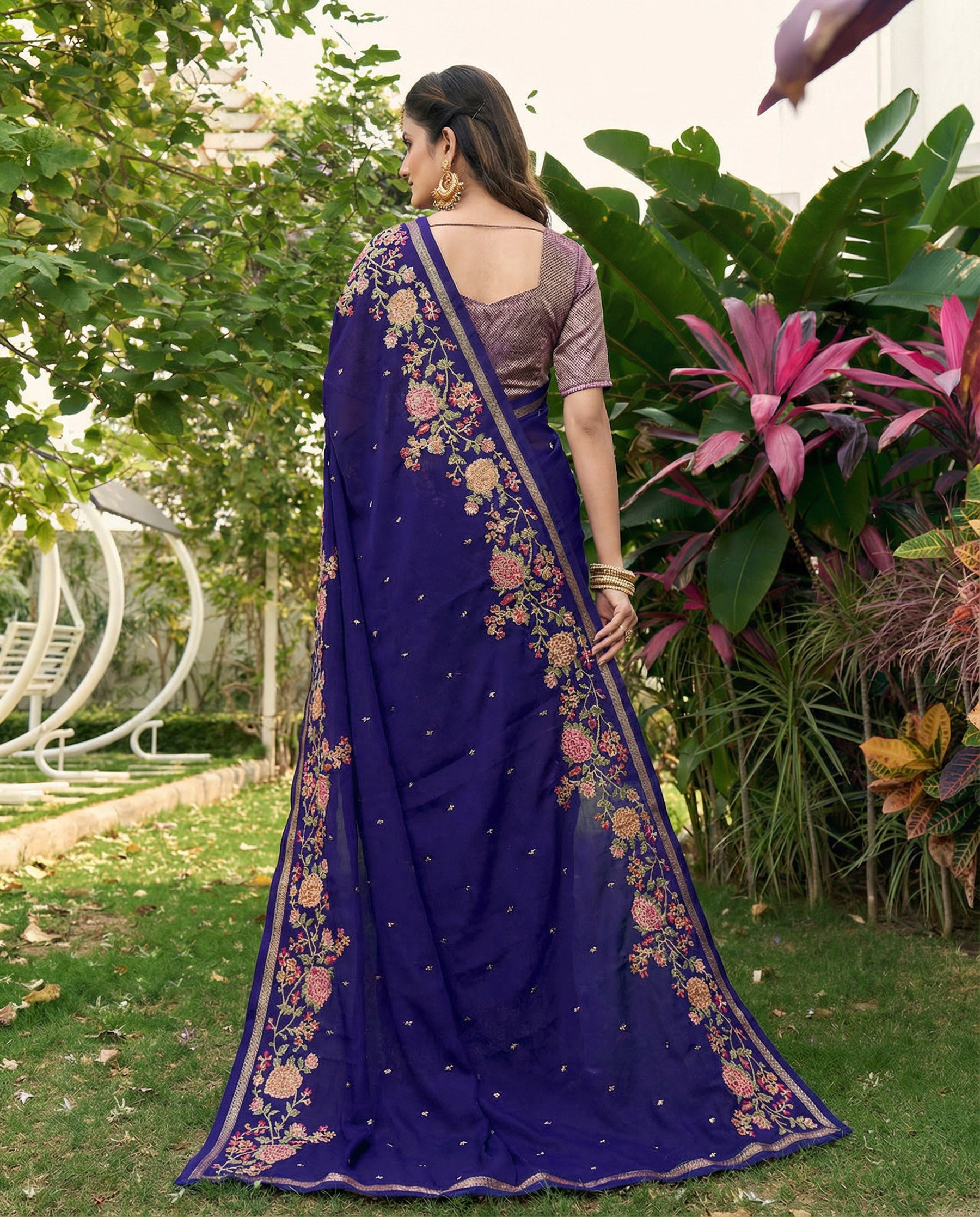 Blue Chiffon Border Floral Embroidered Work  Saree with Unstitched Blouse